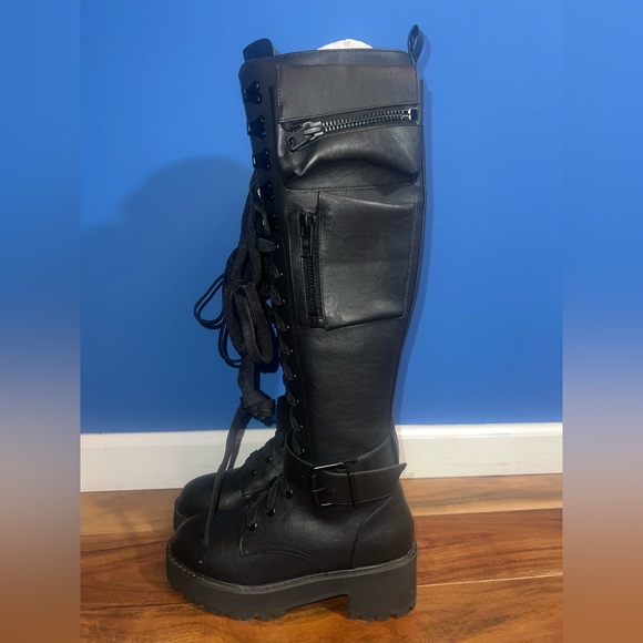 Dolls Kill Obsidian Pocket Knee High Combat Boots - Picture 4 of 7
